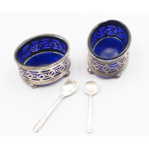 1999 - Pair of Silver Table Salts with Matching Pair of Silver Salt Spoons Original Bristol Blue Glass Line... 