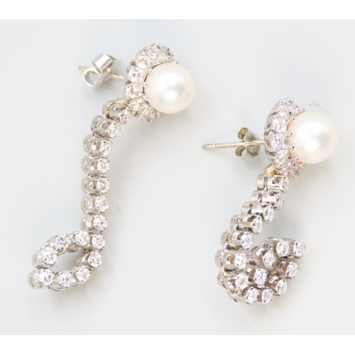 202 - Pair of Fresh Water Pearl and Diamond Set Ladies Drop Earrings Mounted in 18 Carat White Gold 5cm Dr... 