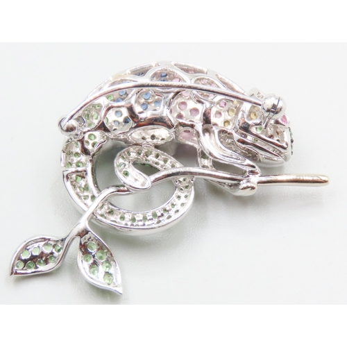 203 - Finely Detailed Multi Colour Sapphire Cluster Set Chameleon Form Brooch Mounted on 18 Carat White Go... 