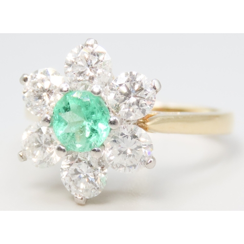 204 - Emerald Centre Stone Daisy Form Ring with Six Diamond Set Surround Mounted in 18 Carat Yellow Gold R... 