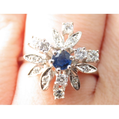 206 - Finely Detailed 1950's Diamond and Sapphire Set Floral Form Cluster Ring Mounted in 18 Carat White G... 