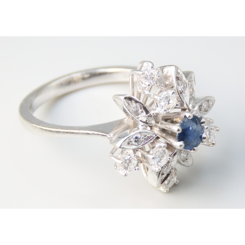 206 - Finely Detailed 1950's Diamond and Sapphire Set Floral Form Cluster Ring Mounted in 18 Carat White G... 