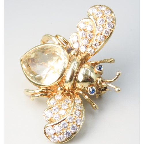 210 - Citrine Diamond and Sapphire Set Finely Detailed Queen Bee Brooch Mounted in 18 Carat Yellow Gold 4c... 