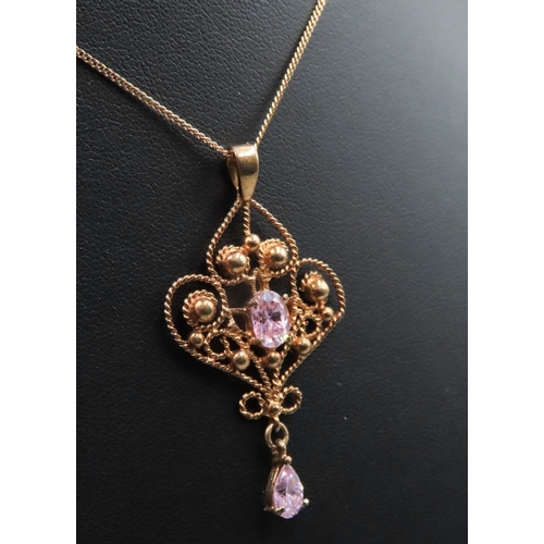 211 - Oval Cut and Pear Cut Pink Zircon Set Filigree Form Pendant Set in 9 Carat Yellow Gold Finely Detail... 