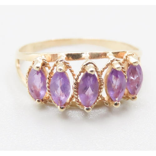 215 - Finely Detailed Marquise Cut Amethyst Five Stone Set Ring Mounted in 9 Carat Yellow Gold Ring Size O... 