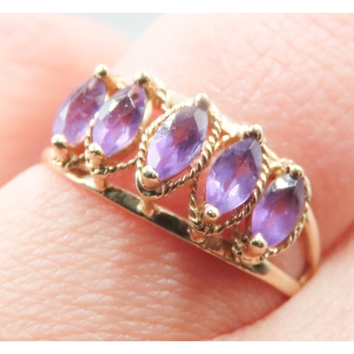 215 - Finely Detailed Marquise Cut Amethyst Five Stone Set Ring Mounted in 9 Carat Yellow Gold Ring Size O... 