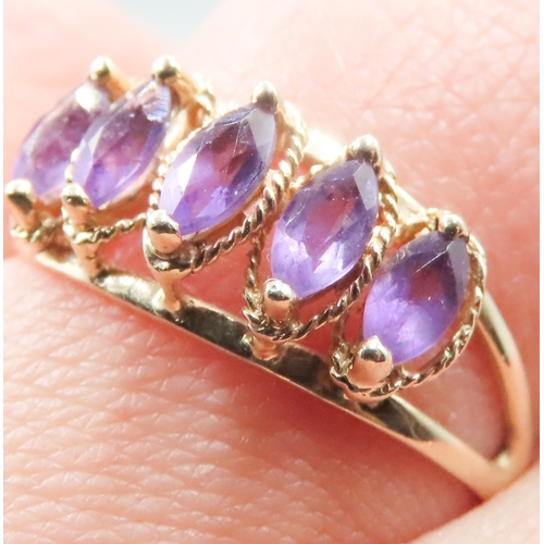 215 - Finely Detailed Marquise Cut Amethyst Five Stone Set Ring Mounted in 9 Carat Yellow Gold Ring Size O... 