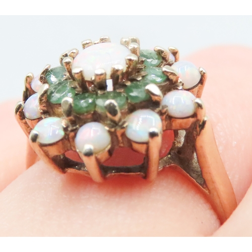 220 - Attractively Detailed Opal and Emerald Cluster Set Ring Mounted in 9 Carat Yellow Gold Ring Size N