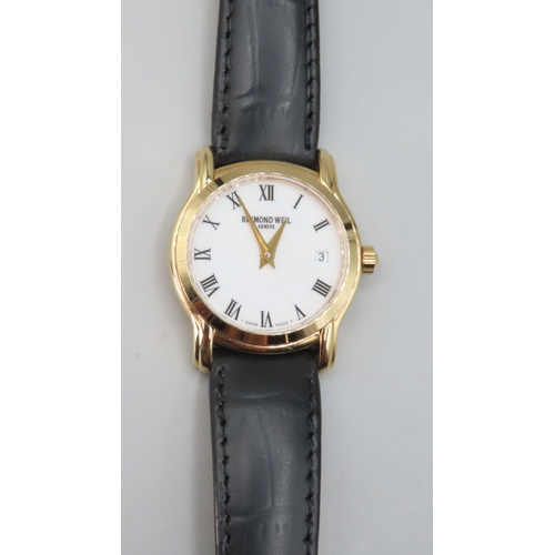 243 - Raymond Weil Geneve Ladies Swiss Made Wristwatch Roman Numerals Date Aperture Black Leather Strap As... 