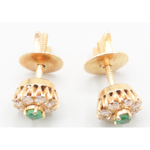 252 - Pair of Emerald and Diamond Cluster Set Earrings Mounted in 18 Carat Yellow Gold Screw Back