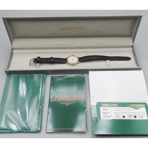 254 - Longines Ladies Quartz Wristwatch Date Aperture Black Leather Strap with Original Presentation Box