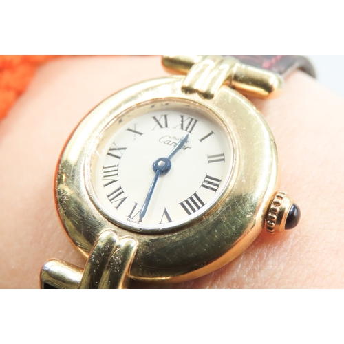 256 - Cartier Paris Colisee Gold Vermeil Ladies Quartz Wristwatch Sapphire Bezel Original Plum Colour Leat... 