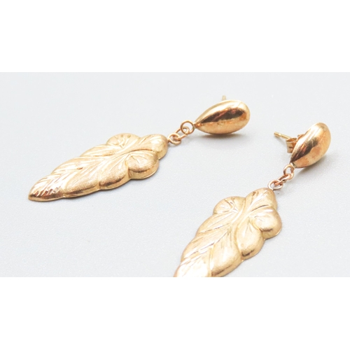 26 - Pair of 9 Carat Yellow Gold Leaf Motif Earrings 4cm High