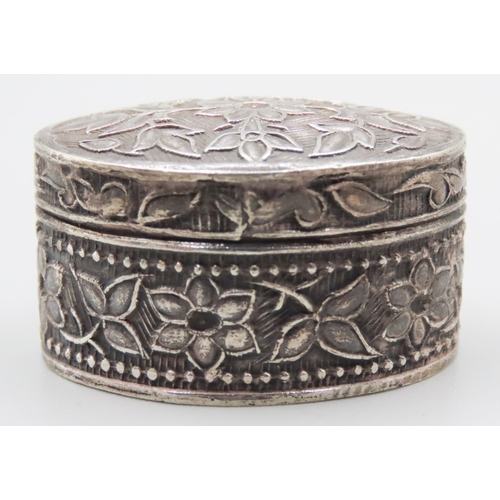 278 - Oval Form Silver Pill Box Floral Motifs 3cm Wide