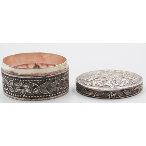 278 - Oval Form Silver Pill Box Floral Motifs 3cm Wide