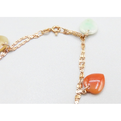 292 - Jade Onyx and Carnelian Heart Set Bracelet Mounted in 14 Carat Yellow Gold 18cm Long