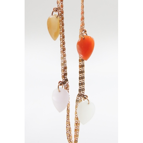 292 - Jade Onyx and Carnelian Heart Set Bracelet Mounted in 14 Carat Yellow Gold 18cm Long