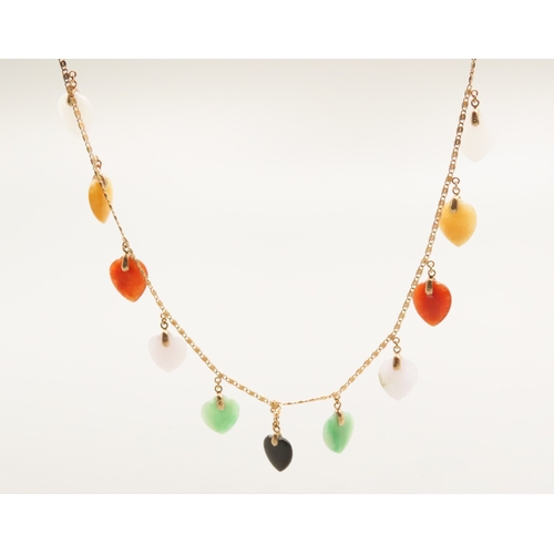 293 - Matching Jade Onyx and Carnelian Heart Set Necklace Mounted in 14 Carat Yellow Gold 46cm Long