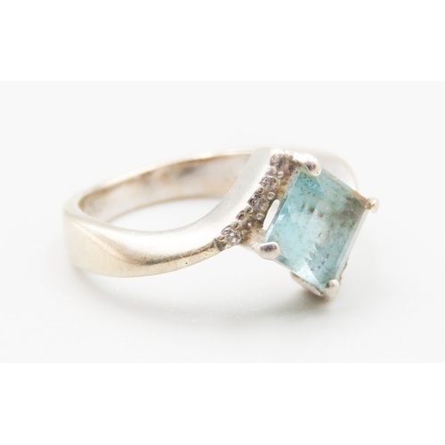 306 - Square Cut Aquamarine Set Wrap Around Form Ring Diamond Inset to Shoulders Mounted in 9 Carat White ... 