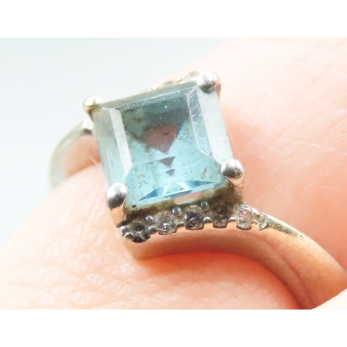 306 - Square Cut Aquamarine Set Wrap Around Form Ring Diamond Inset to Shoulders Mounted in 9 Carat White ... 