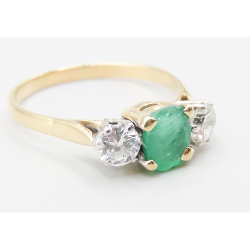 349 - Emerald and Diamond Set Three Stone Ring Four Claw Set Mounted in 18 Carat Yellow Gold Ring Size Q