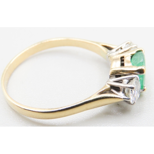 349 - Emerald and Diamond Set Three Stone Ring Four Claw Set Mounted in 18 Carat Yellow Gold Ring Size Q