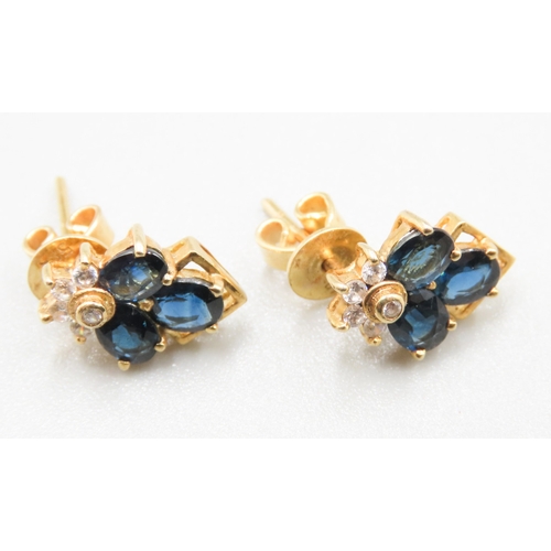 361 - Pair of Sapphire and Gemstone Cluster Set Earrings Mounted in 14 Carat Yellow Gold 1cm High