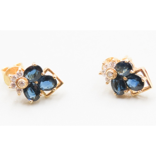 361 - Pair of Sapphire and Gemstone Cluster Set Earrings Mounted in 14 Carat Yellow Gold 1cm High