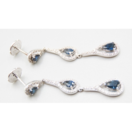 365 - Pair of Pear Cut Sapphire and Diamond Set Ladies Drop Earrings Set in 18 Carat White Gold 4.5cm Drop