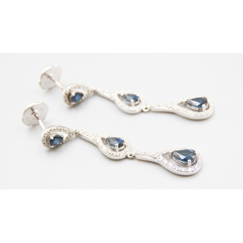 365 - Pair of Pear Cut Sapphire and Diamond Set Ladies Drop Earrings Set in 18 Carat White Gold 4.5cm Drop