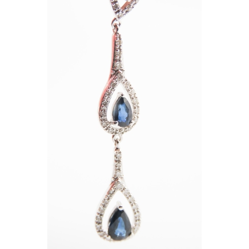 365 - Pair of Pear Cut Sapphire and Diamond Set Ladies Drop Earrings Set in 18 Carat White Gold 4.5cm Drop