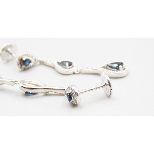 365 - Pair of Pear Cut Sapphire and Diamond Set Ladies Drop Earrings Set in 18 Carat White Gold 4.5cm Drop