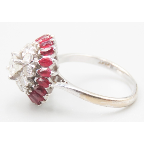 444 - Diamond Centre Stone Ring with Diamond and Marquise Cut Ruby Set Double Halo Surround Set in Platinu... 