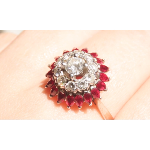 444 - Diamond Centre Stone Ring with Diamond and Marquise Cut Ruby Set Double Halo Surround Set in Platinu... 