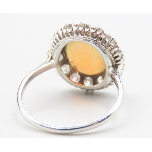 446 - Opal Centre Stone Ring with Fourteen Diamond Set Halo Surround Mounted in Platinum Ring Size P