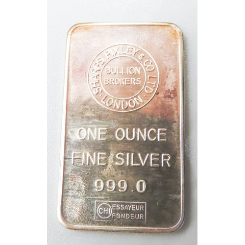 45 - One Ounce Fine 999.9 Silver Bar by Sharps Pixley & Co Ltd London Bullion Brokers