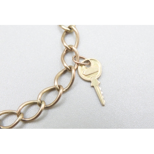 453 - 9 Carat Yellow Gold Bracelet Key and Lucky Horseshoe Charms Heart Padlock Clasp 18cm Long