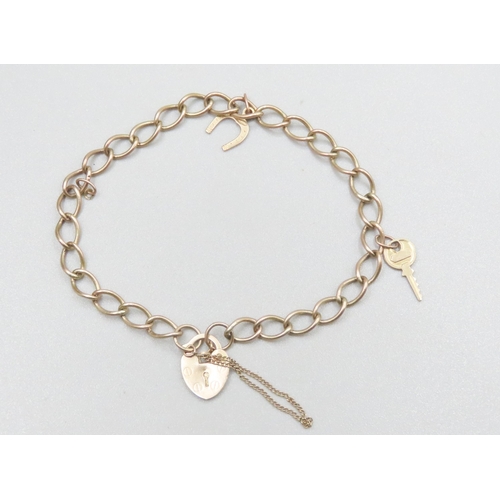 453 - 9 Carat Yellow Gold Bracelet Key and Lucky Horseshoe Charms Heart Padlock Clasp 18cm Long