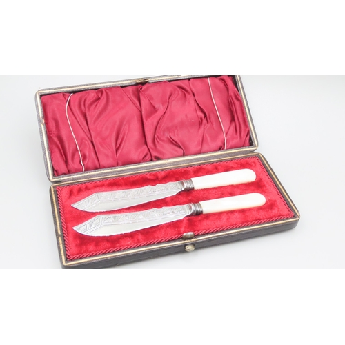 486 - Pair of Silver Blade Fish Knives Mother of Pearl Handles with Original Presentation Case