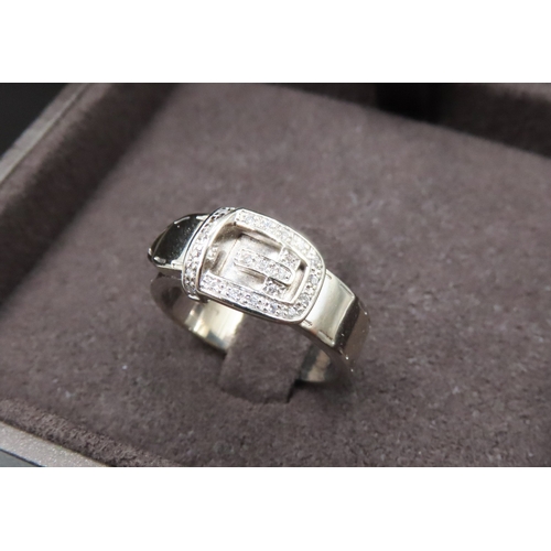 51 - Gucci Diamond Set Buckle Motif Ring Mounted in 18 Carat White Gold Ring Size O with Original Present... 