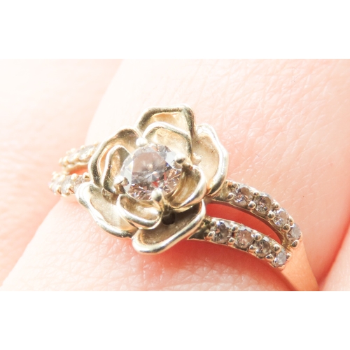 510 - Diamond Set Rose Motif Ring with Further Diamonds Set to Shoulders Mounted in 9 Carat Yellow Gold Ri... 