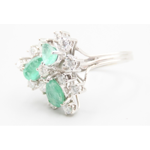 516 - Three Stone Pear Cut Emerald and Diamond Set Cluster Ring Set in 14 Carat White Gold Finely Detailed... 