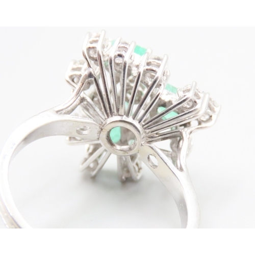 516 - Three Stone Pear Cut Emerald and Diamond Set Cluster Ring Set in 14 Carat White Gold Finely Detailed... 