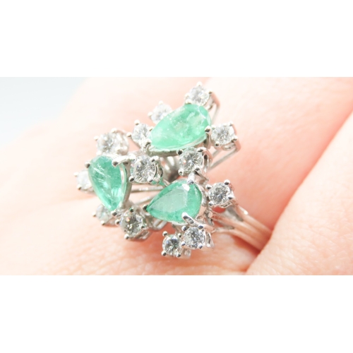 516 - Three Stone Pear Cut Emerald and Diamond Set Cluster Ring Set in 14 Carat White Gold Finely Detailed... 