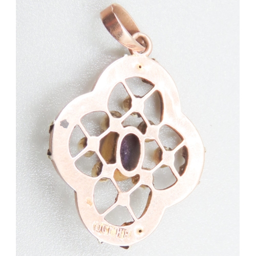 523 - Attractively Detailed Amethyst and Seed Pearl Set Pendant Mounted in 9 Carat Rose Gold 2.5cm High