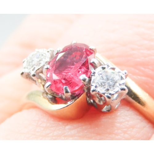 530 - Oval Cut Ruby and Diamond Set Three Stone Ring Set in Platinum Mounted on 18 Carat Yellow Gold Ring ... 