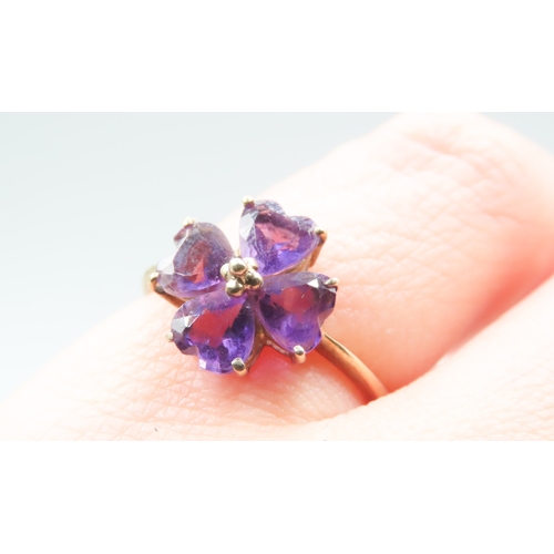 536 - Amethyst Set Four Stone Clover Motif Ring Mounted in 9 Carat Yellow Gold Ring Size M