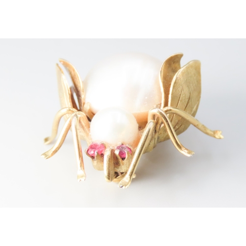 54 - Finely Detailed Pearl and Ruby Set Beetle Form Brooch Mounted in 14 Carat Yellow Gold 3cm Wide