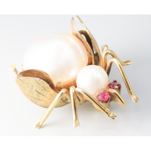 54 - Finely Detailed Pearl and Ruby Set Beetle Form Brooch Mounted in 14 Carat Yellow Gold 3cm Wide