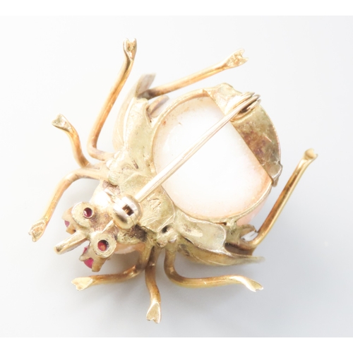 54 - Finely Detailed Pearl and Ruby Set Beetle Form Brooch Mounted in 14 Carat Yellow Gold 3cm Wide